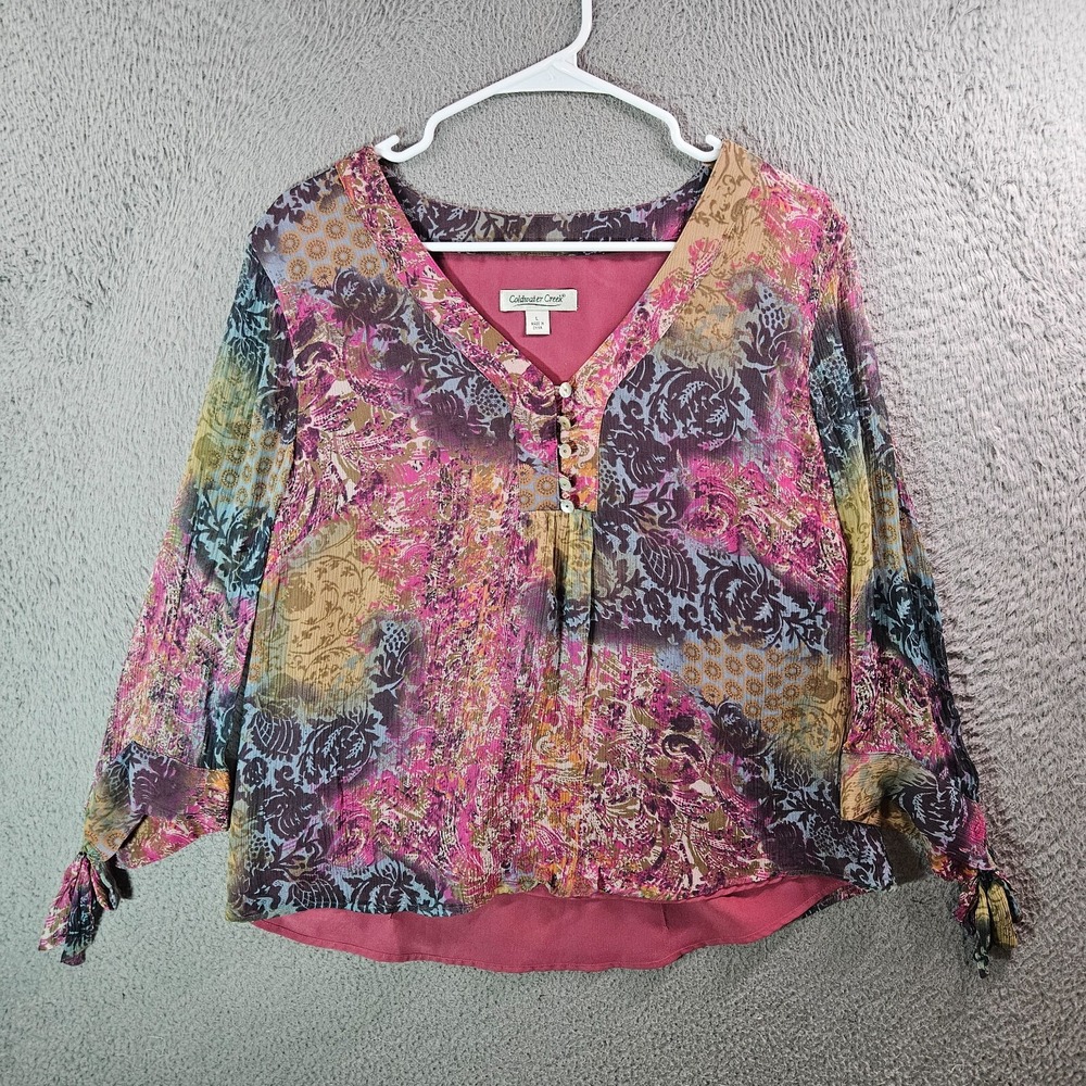 Coldwater Creek Top Blouse Women Large Lined Colorful Geometric Print